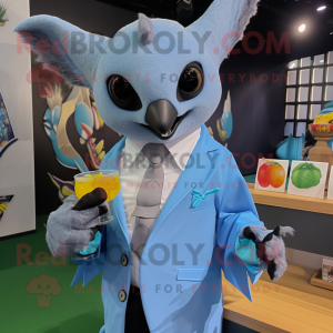 Sky Blue Fruit Bat mascot costume character dressed with a Suit Jacket and Rings