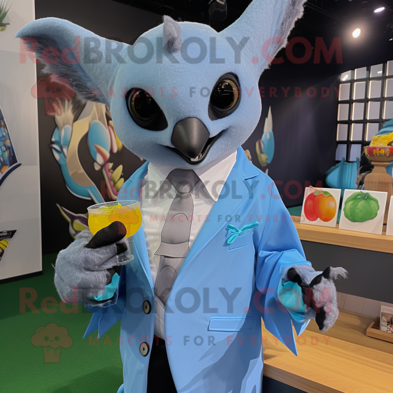 Sky Blue Fruit Bat mascot costume character dressed with a Suit Jacket and Rings Sky Blue Fruit Bat mascot costume character dressed with a Suit Jacket and Rings