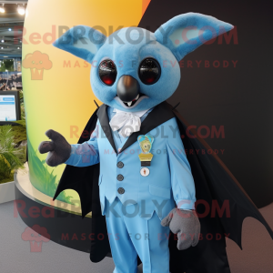 Sky Blue Fruit Bat mascot costume character dressed with a Suit Jacket and Rings