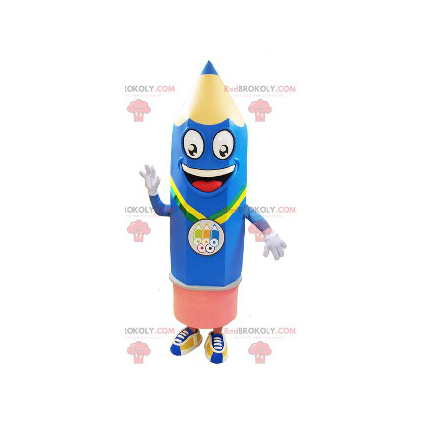 Mascot gigante lápiz azul y rosa muy sonriente - Redbrokoly.com