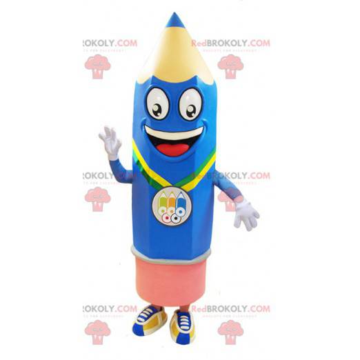 Mascot gigante lápiz azul y rosa muy sonriente - Redbrokoly.com