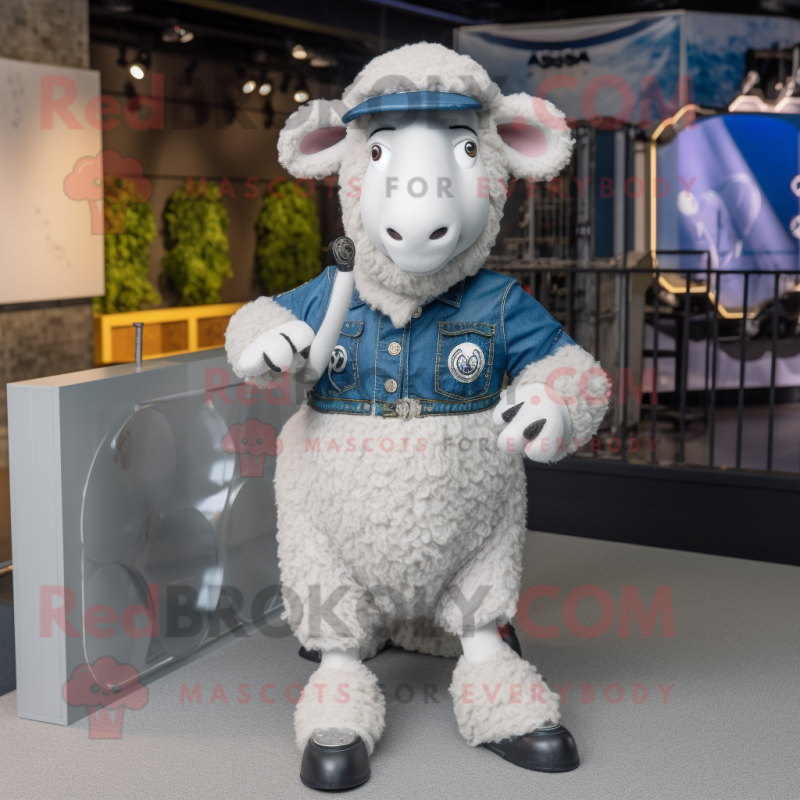 Silver Sheep mascot costume character dressed with a Bootcut Jeans and Ties