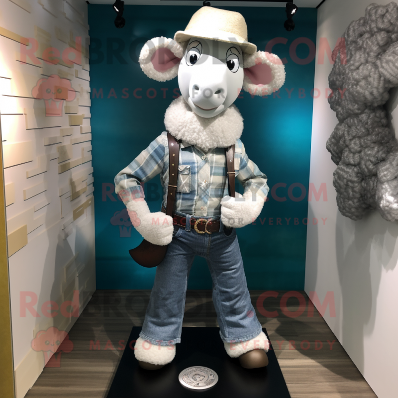 Silver Sheep mascot costume character dressed with a Bootcut Jeans and Ties