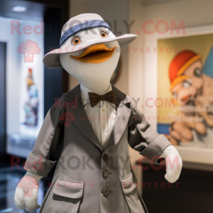 Gray Goose mascot costume character dressed with a Waistcoat and Hats