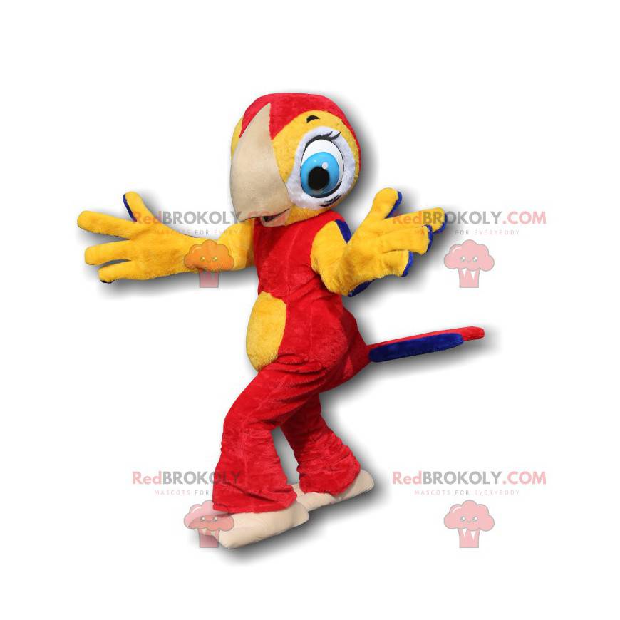 Rød og gul papegøje maskot med smukke blå øjne - Redbrokoly.com