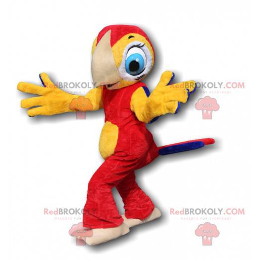 Mascotte pappagallo rosso e giallo con graziosi occhi azzurri -
