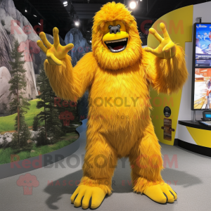 Yellow Sasquatch mascot costume character dressed with a Playsuit and Earrings