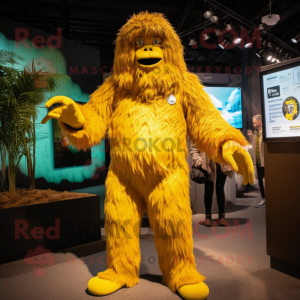 Yellow Sasquatch mascot costume character dressed with a Playsuit and Earrings