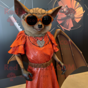 Rust Bat mascot costume character dressed with a Mini Dress and Sunglasses