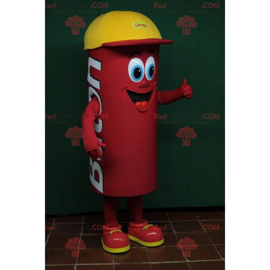 Mascotte de bonhomme rouge cylindrique avec une casquette -