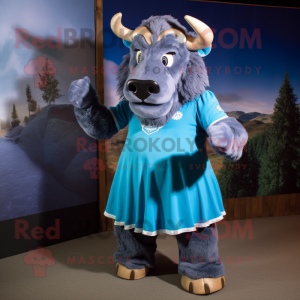 Blue Bison mascot costume character dressed with a A-Line Dress and Anklets