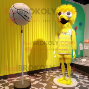 Lemon Yellow Emu mascot costume character dressed with a One-Piece Swimsuit and Rings