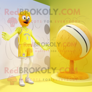 Lemon Yellow Emu mascot costume character dressed with a One-Piece Swimsuit and Rings