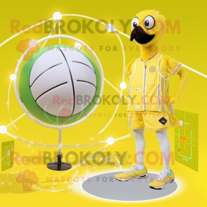 Lemon Yellow Emu mascot costume character dressed with a One-Piece Swimsuit and Rings