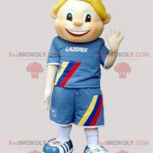 Mascotte d'enfant de garçon blond habillé en bleu -