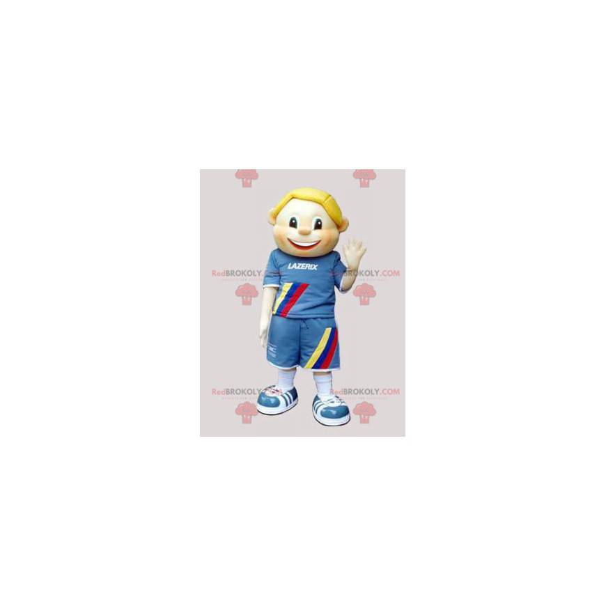 Blonder Junge des Kindermaskottchens gekleidet in Blau -