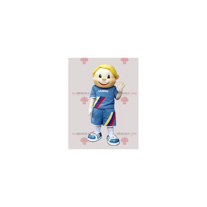 Criança mascote menino loiro vestido de azul - Redbrokoly.com