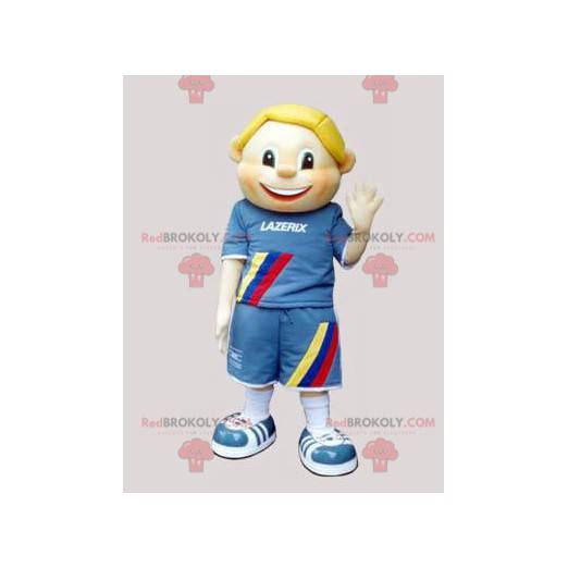 Blonder Junge des Kindermaskottchens gekleidet in Blau -