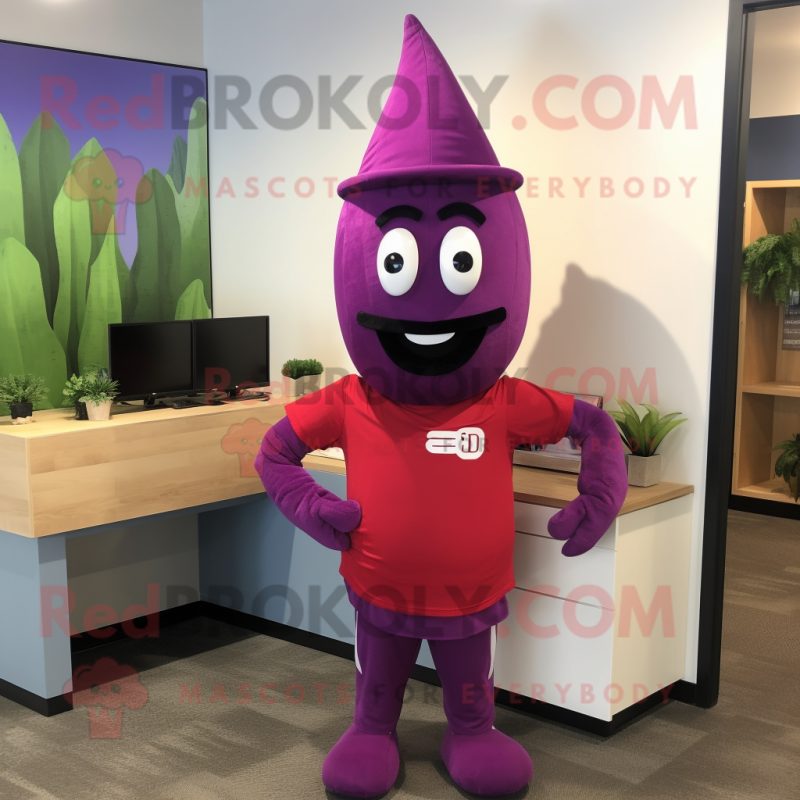 Magenta Eggplant mascot costume character dressed with a Henley Shirt and Caps