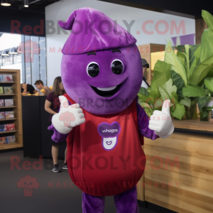 Magenta Eggplant mascot costume character dressed with a Henley Shirt and Caps