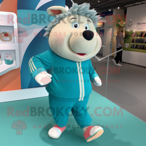 Teal Sow mascot costume character dressed with a Joggers and Foot pads