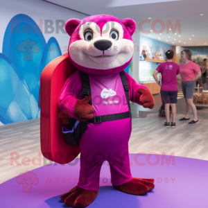 Magenta Otter mascot costume character dressed with a Swimwear and Backpacks