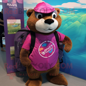 Magenta Otter mascot costume character dressed with a Swimwear and Backpacks