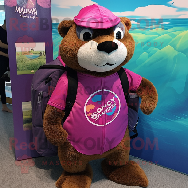 Magenta Otter mascot costume character dressed with a Swimwear and Backpacks Magenta Otter mascot costume character dressed with a Swimwear and Backpacks