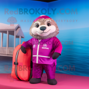 Magenta Otter mascot costume character dressed with a Swimwear and Backpacks