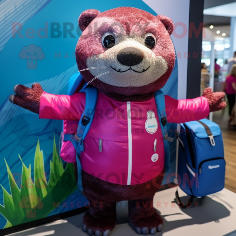 Magenta Otter mascot costume character dressed with a Swimwear and Backpacks