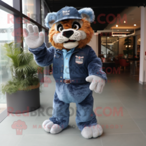 Navy Saber-Toothed Tiger mascot costume character dressed with a Denim Shirt and Mittens