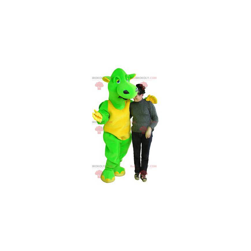 Mascota gigante y divertida del dragón verde y amarillo. -