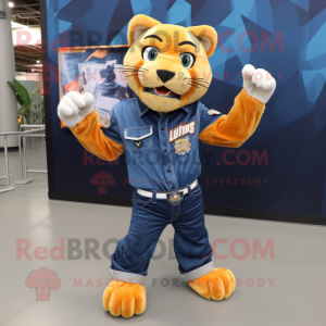 Navy Saber-Toothed Tiger mascot costume character dressed with a Denim Shirt and Mittens