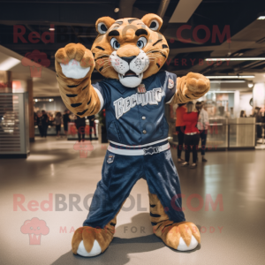 Navy Saber-Toothed Tiger mascot costume character dressed with a Denim Shirt and Mittens