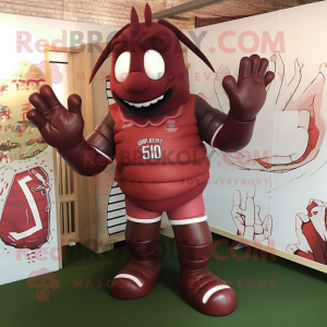Maroon Lobster Bisque mascot costume character dressed with a Rugby Shirt and Foot pads
