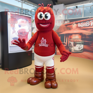 Maroon Lobster Bisque mascot costume character dressed with a Rugby Shirt and Foot pads