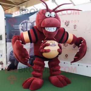 Maroon Lobster Bisque mascot costume character dressed with a Rugby Shirt and Foot pads