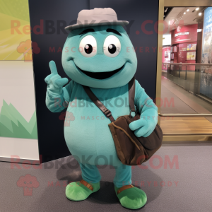 Teal Cucumber mascot costume character dressed with a Chinos and Wallets