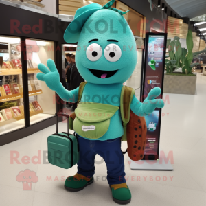 Teal Cucumber mascot costume character dressed with a Chinos and Wallets