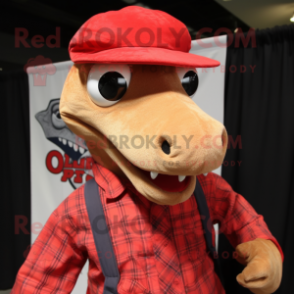 Red Diplodocus mascot costume character dressed with a Button-Up Shirt and Hats