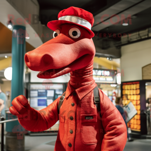 Red Diplodocus mascot costume character dressed with a Button-Up Shirt and Hats