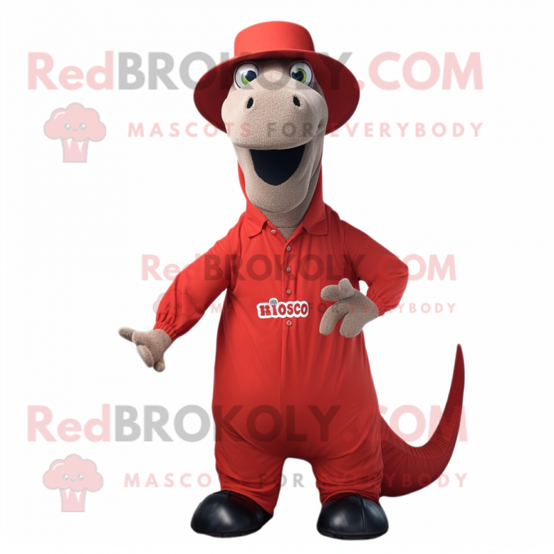 Red Diplodocus mascot costume character dressed with a Button-Up Shirt and Hats