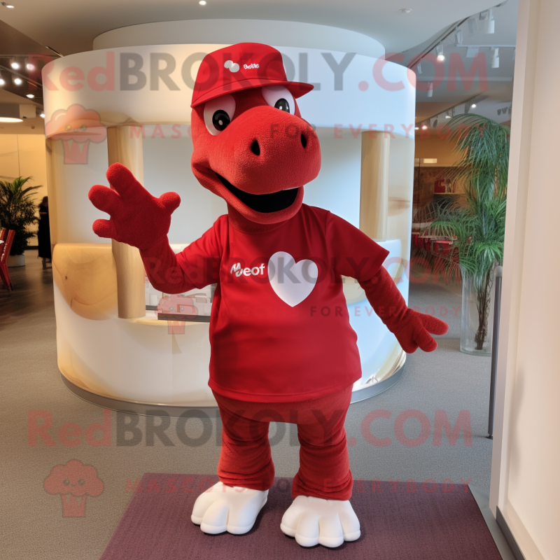 Red Diplodocus mascot costume character dressed with a Button-Up Shirt and Hats