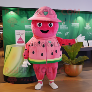 Pink Watermelon mascot costume character dressed with a Sweatshirt and Hats
