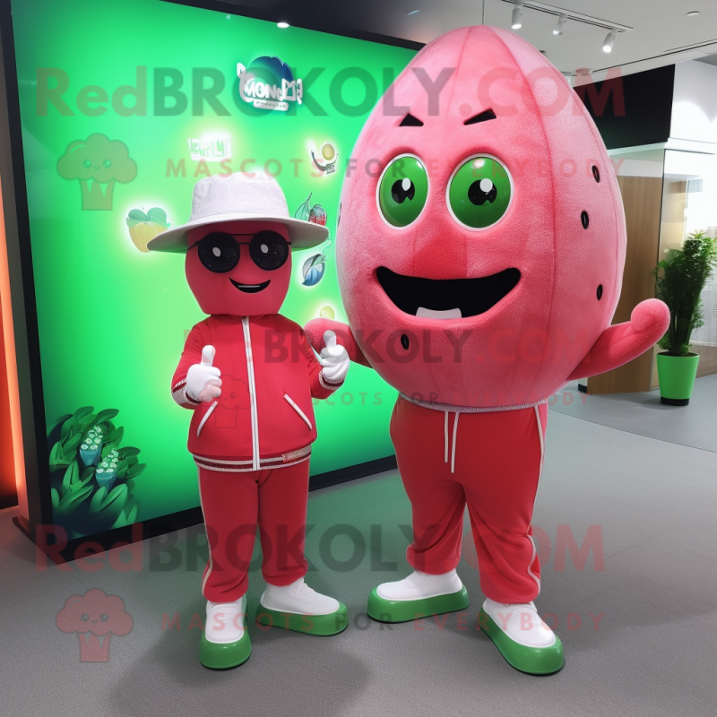 Pink Watermelon mascot costume character dressed with a Sweatshirt and Hats