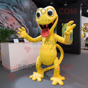 Yellow Hydra mascot costume character dressed with a Blouse and Gloves