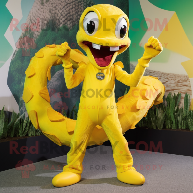 Yellow Hydra mascot costume character dressed with a Blouse and Gloves