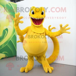 Yellow Hydra mascot costume character dressed with a Blouse and Gloves