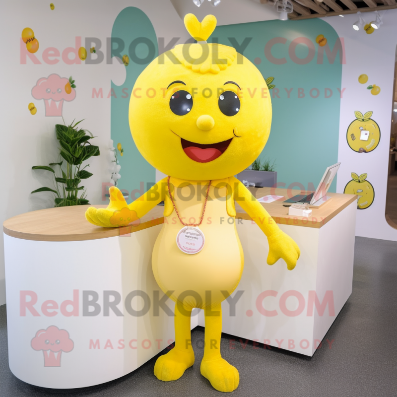 Yellow Cherry mascot costume character dressed with a Chinos and Necklaces Yellow Cherry mascot costume character dressed with a Chinos and Necklaces