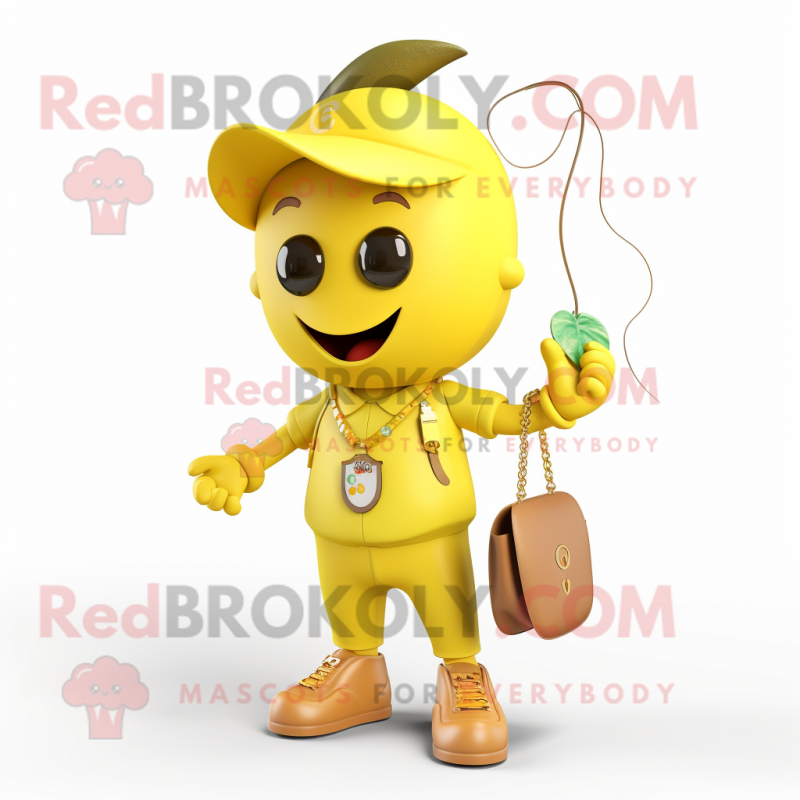 Yellow Cherry mascot costume character dressed with a Chinos and Necklaces Yellow Cherry mascot costume character dressed with a Chinos and Necklaces